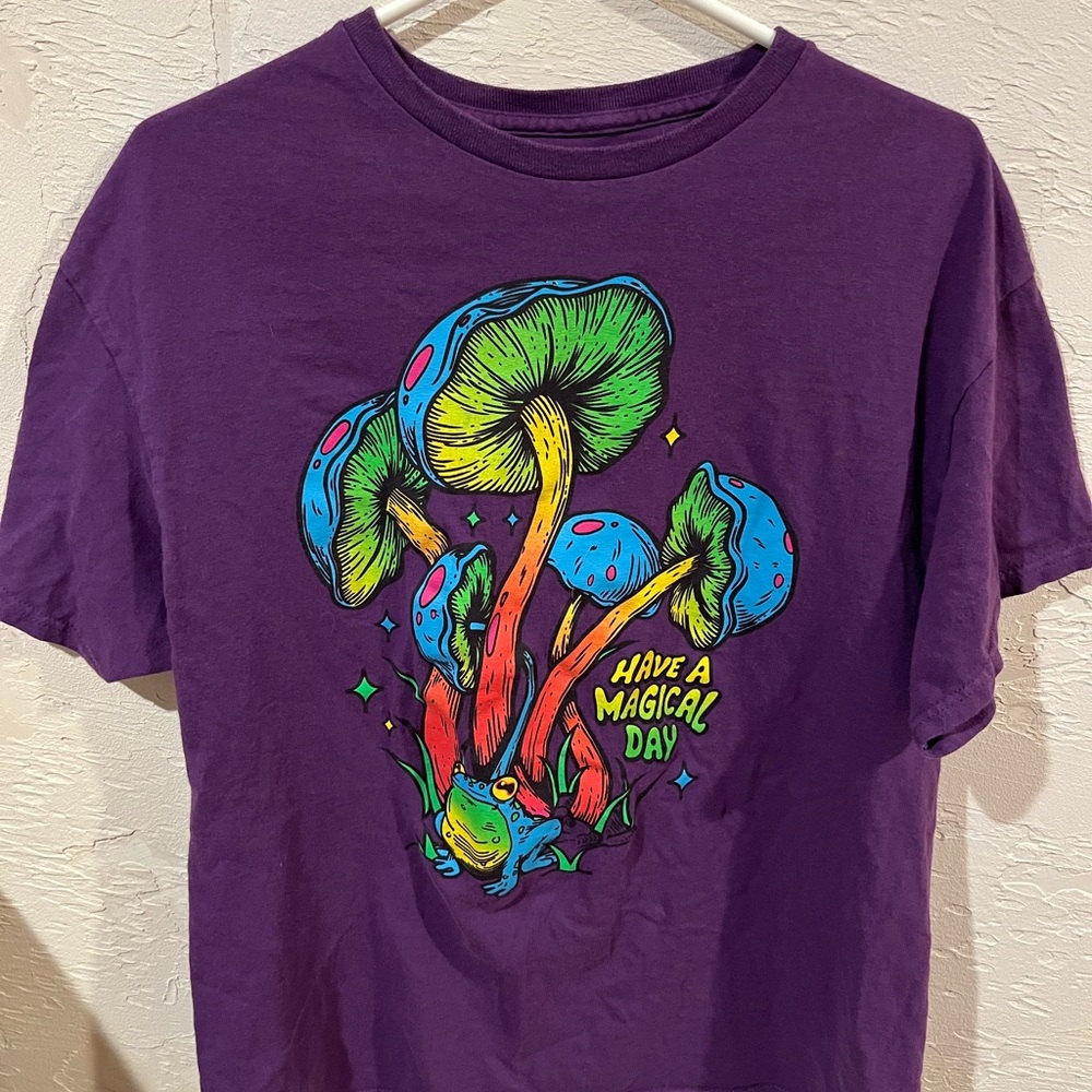 Purple Graphic T-Shirt with Colorful Mushrooms Large